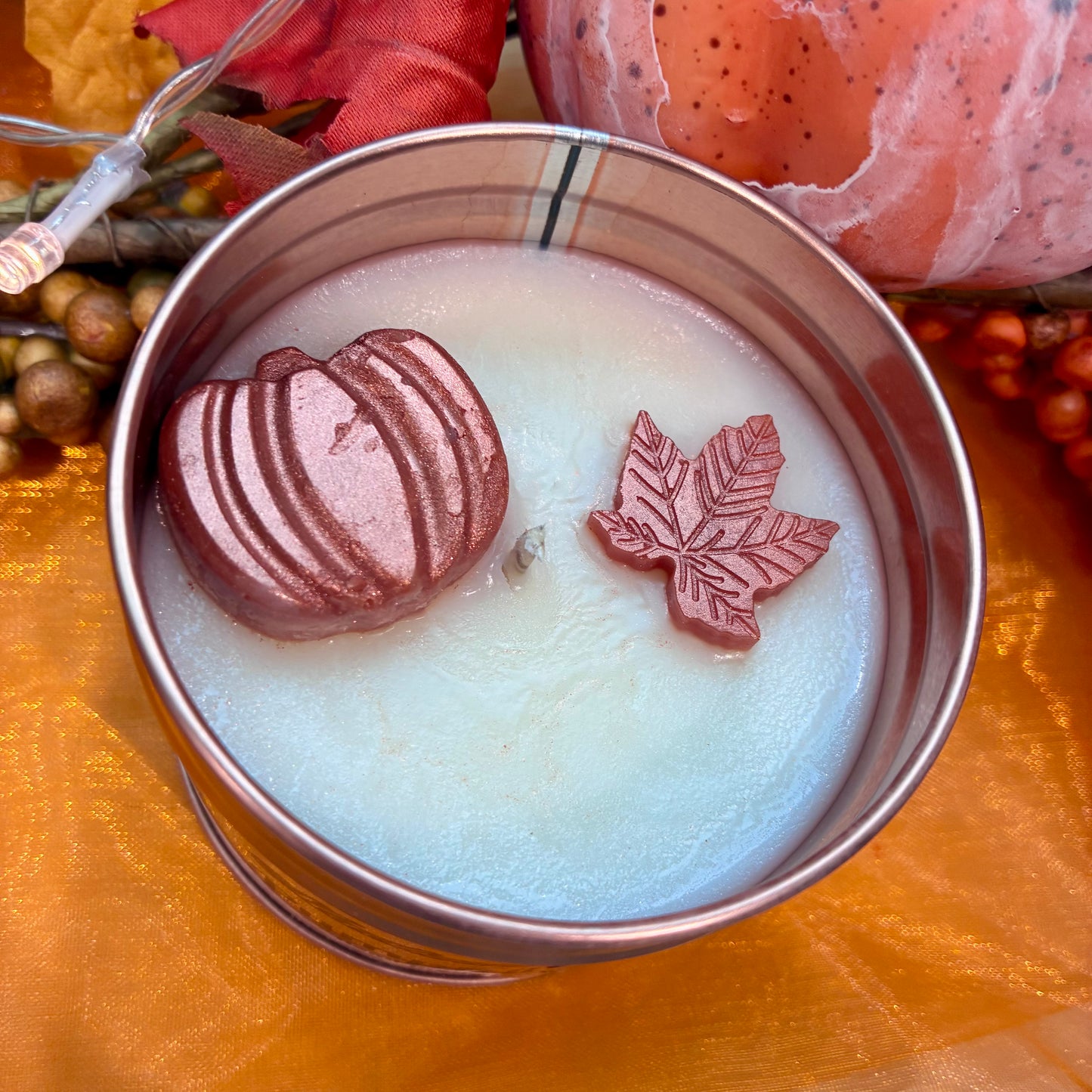 Pumpkin spice rose gold candle tin